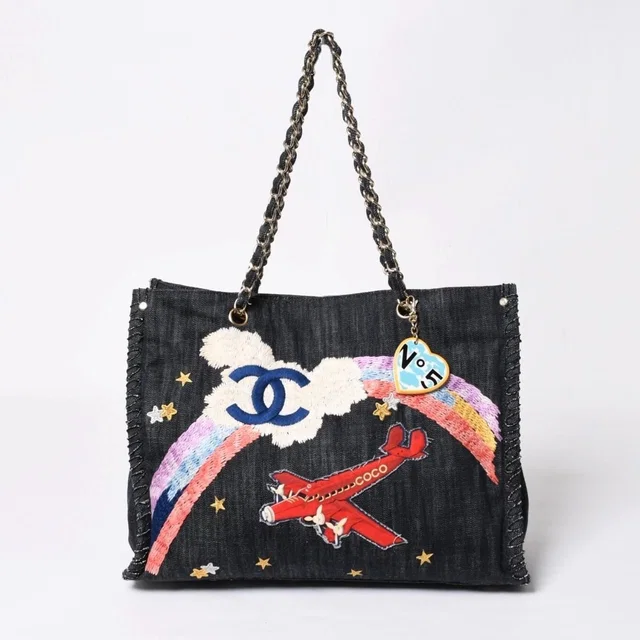 Chanel Chain Tote Bag Night Flight Embroidery CC Logo Denim in Denim from The Reluxe