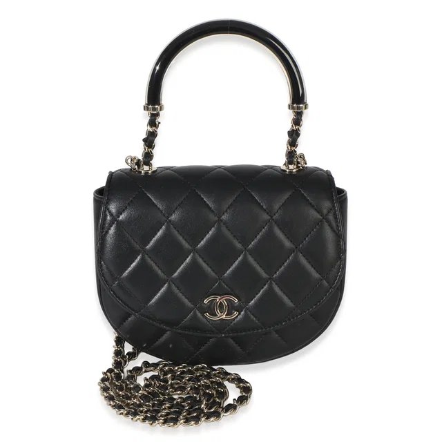 Chanel Black Quilted Lambskin Cc Half Moon Top Handle Flap Leather Handbag in Black Lambskin from HEWI