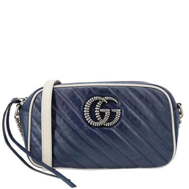 Gucci GG Marmont Torchon Small Diagonal Calfskin Leather Camera Bag Navy Blue 447632 in Navy Calfskin from Dallas Designer Handbags