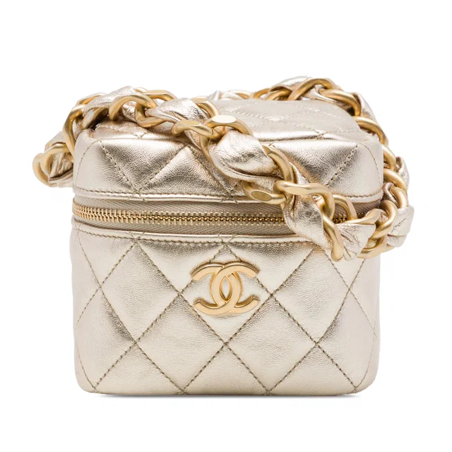 Gold Chanel CC Quilted Metallic Lambskin Cube Zip Clutch with Chain Vanity Bag in Gold Lambskin from Designer Revival, photo 1 of 1