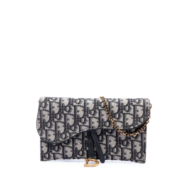 Blue Dior Oblique Canvas Saddle Wallet On Chain Crossbody Bag in Blue Canvas from Designer Revival