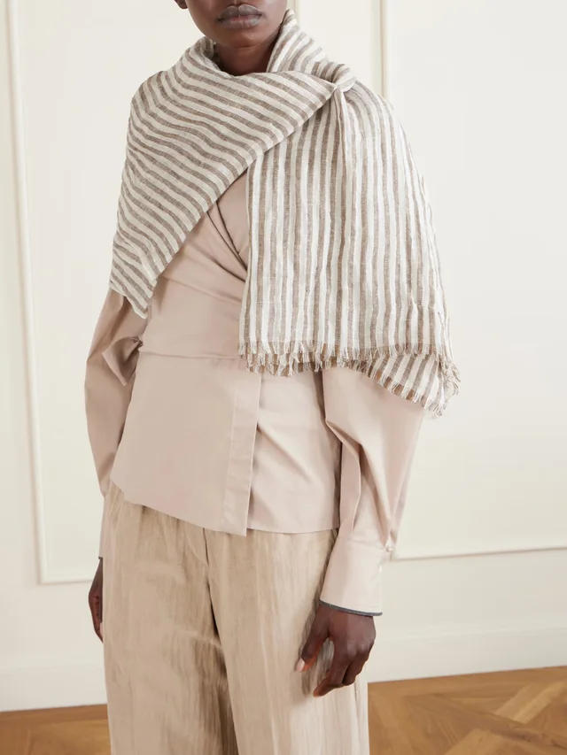 BRUNELLO CUCINELLI Fringed striped linen-blend scarf in Beige, photo 2 of 2 from NET-A-PORTER (Canada)