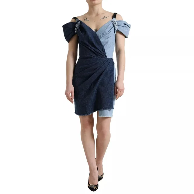 Dolce & Gabbana Dress Two Tone Blue Patchwork Denim Mini in Blue Denim from Luxury Promise