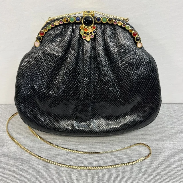 Vtg Judith Leiber Black Lizard Gemstone Embellished Top Shoulder Bag Gold Strap in neutral|brown|black|gold|red Lizard from Poshmark, photo 1 of 1