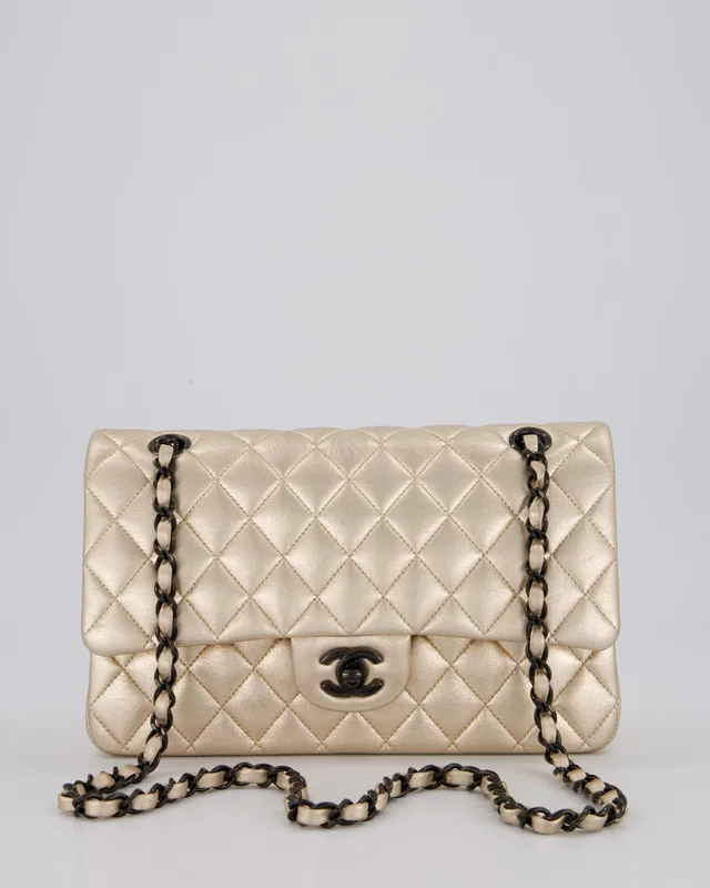 Chanel Metallic Gold Classic Medium Double Flap Bag in Lambskin Leather with Black contrasting Hardware in Black Lambskin from Sellier