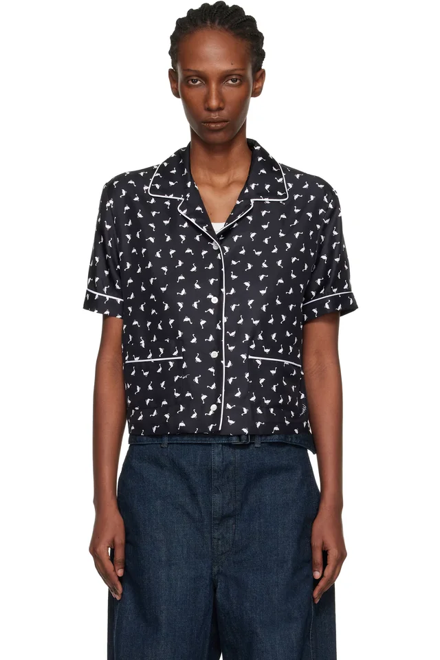 Black All Over Small Goose Print Silk Twill Blouse, image 1 of 1 from SSENSE