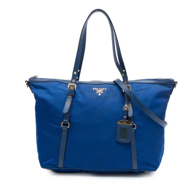 Blue Prada Saffiano Trimmed Tessuto Zip Top Convertible Tote Satchel in Blue Saffiano leather from Designer Revival