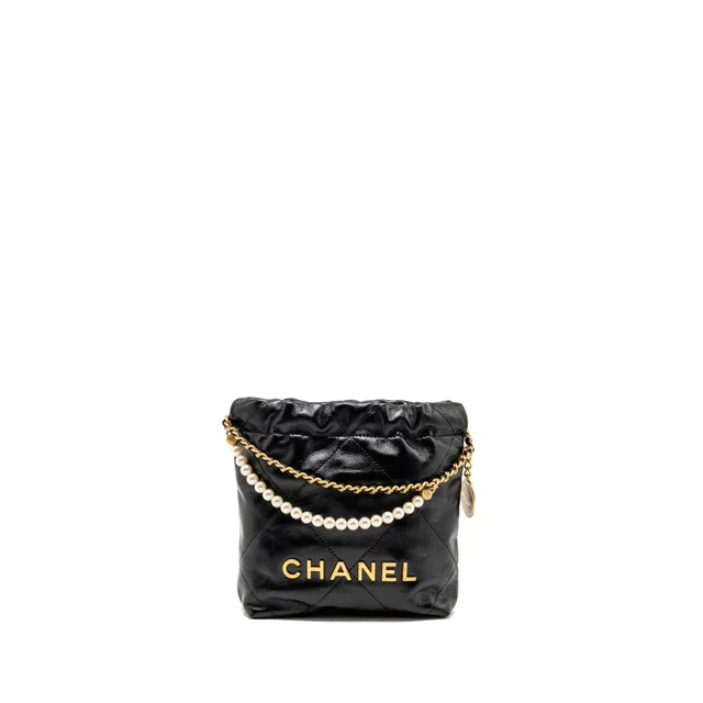 Chanel 23S Mini 22 Bag with Pear Chain Shiny Calfskin Black Brushed GHW (Microchip) in Black Calfskin from EMIER