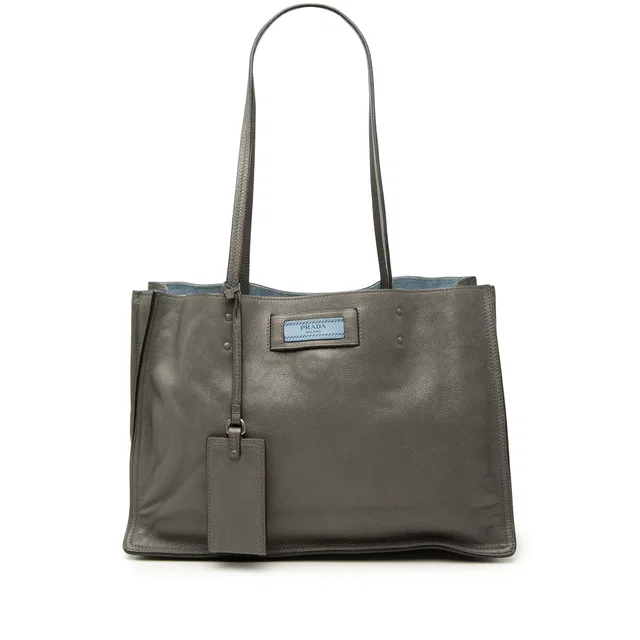 Gray Prada Glace Calf Etiquette Tote in Grey Leather from Designer Revival