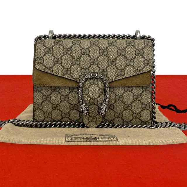 Gucci Dionysus GG Supreme Suede Leather Chain Shoulder Bag Pochette Brown in Brown Suede from The Reluxe