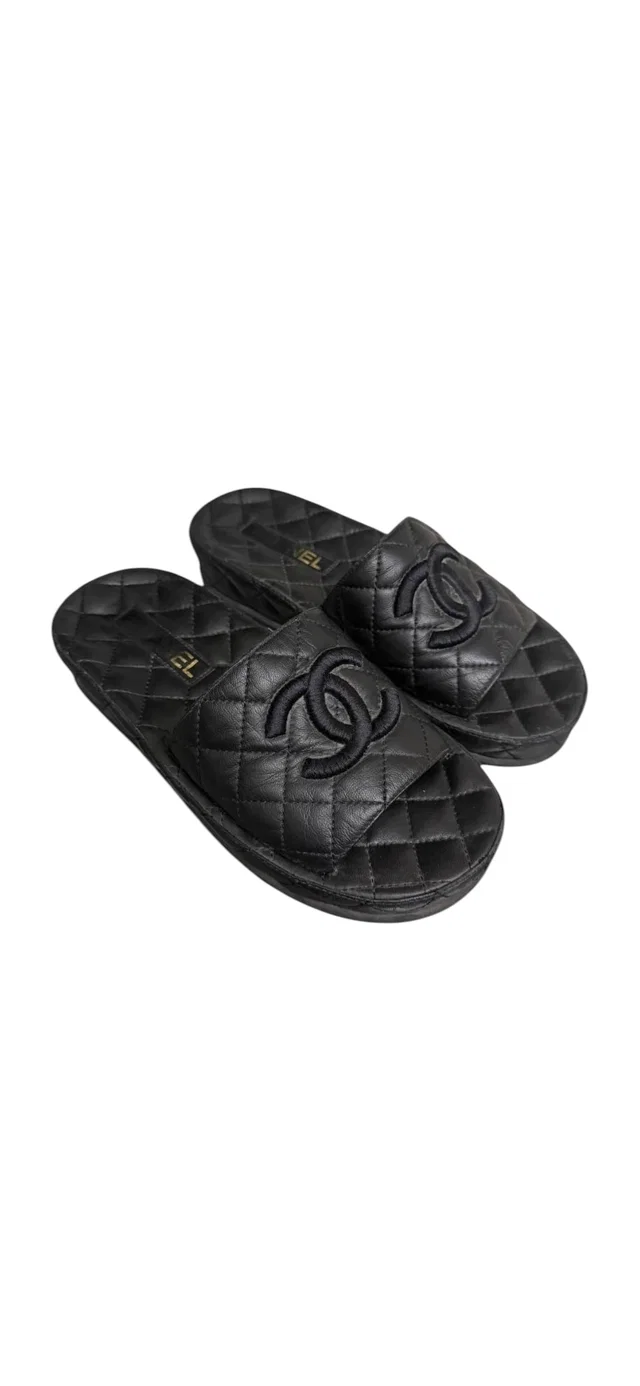 Chanel Quilted Lambskin Platform Slides Black Sz37 in Black Lambskin from Luxury Promise