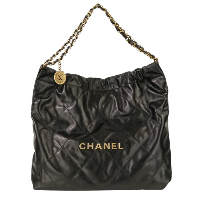 Chanel 22 Small Quilted Chain Shoulder Bag Black Gold Colored in Black Leather from The Reluxe