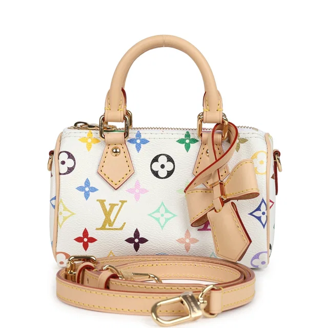 Louis Vuitton X Murakami Nano Speedy Bag White Multicolor Monogram Gold Hardware in White Coated canvas from Madison Avenue Couture