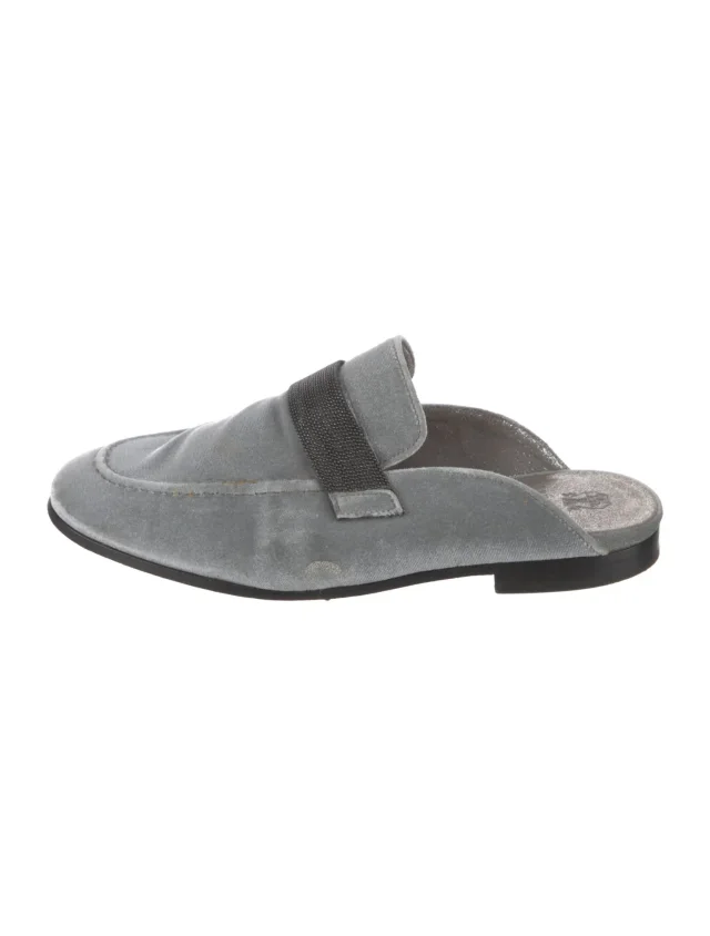 Brunello Cucinelli Monili Velvet Mules in blue Velvet from The RealReal