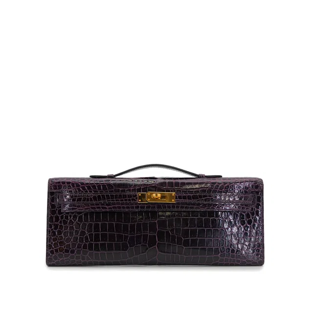 Hermès Kelly Cut Aubergine Crocodile Porosus Hand Bag 2019 D Stamp Gold Hardware in Crocodile from Luxury Promise