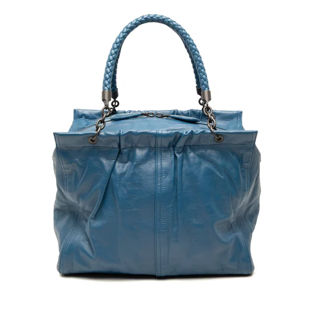 Blue Bottega Veneta Nappa Intrecciato Trimmed Handbag in Blue Nappa leather from Designer Revival