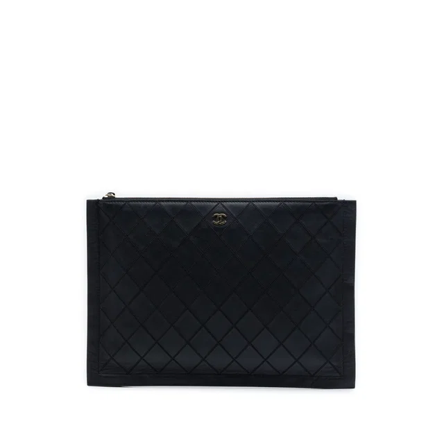 Black Chanel Large Quilted Stitched Calfskin Zip Pouch Clutch Bag in Black Calfskin from Designer Revival