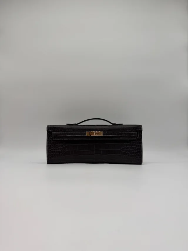 Hermès Kelly Cut Graphite Matt Porosus Permabrass Hardware in Grey Leather from Luxury Promise, photo 2 of 11