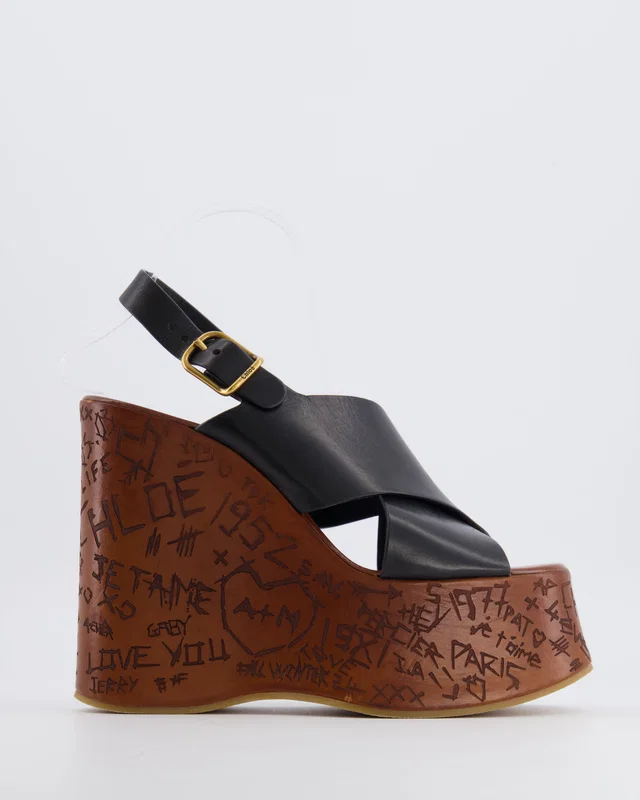Chloé Black Leather Maxime Wedge Sandals with Brown Wood Effect Engraved Graffiti Platform Size EU 39 in Black Leather from Sellier