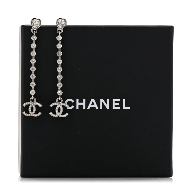 Chanel Crystal CC Heart Drop Earrings Silver in Silver from FASHIONPHILE, photo 6 of 6