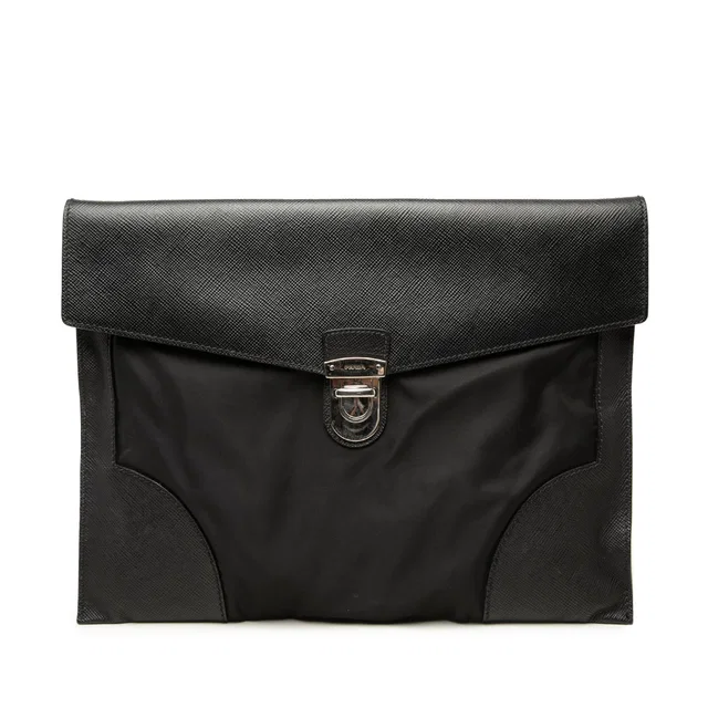 Black Prada Saffiano Trimmed Tessuto Clutch in Black Saffiano leather from Designer Revival