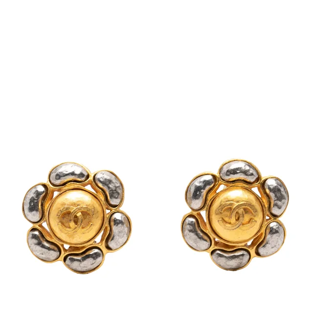 Gold Chanel CC Bicolor Brass Flower Clip On Earrings in Gold from Designer Revival