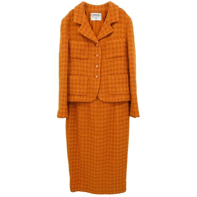 Chanel Setup Suit Jacket Skirt Tweed Houndstooth Brown in Brown Tweed from AMORE Vintage Tokyo