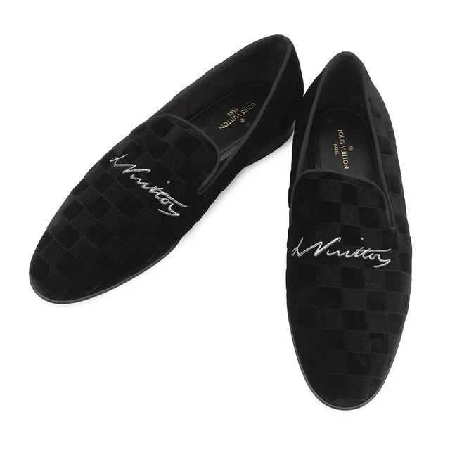Louis Vuitton Auteuil line Damier loafers with embroidery logo Black Velour Size 8L in Black from GALLERY RARE