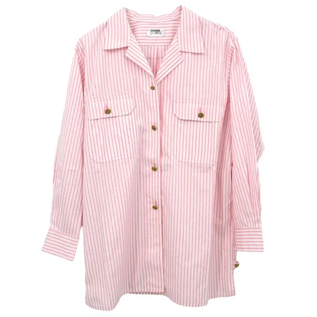 Chanel Striped Shirt Blouse Pink in Pink from AMORE Vintage Tokyo