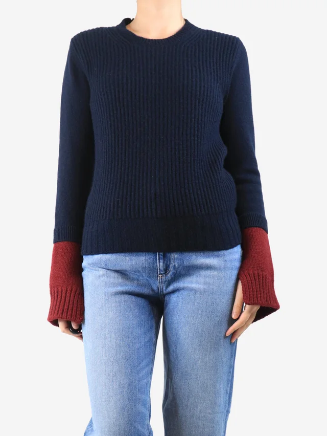 Celine Navy and maroon ribbed cashmere colourblock jumper - size M in Navy Cashmere from Sign of the Times