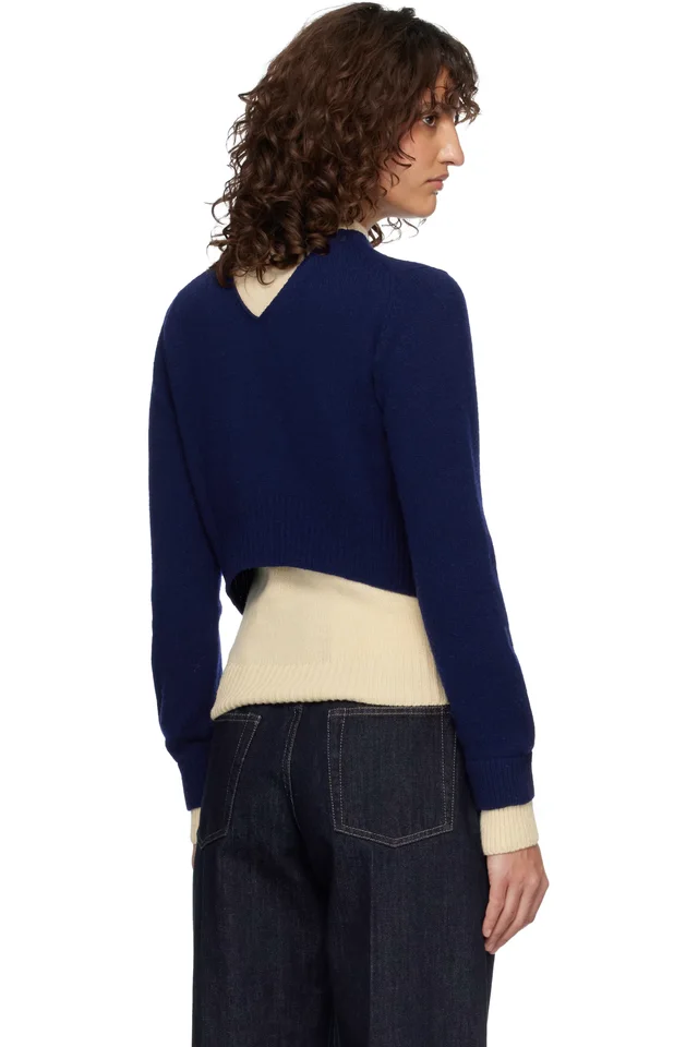 Jil Sander Blue & Off-White Wool Mock-Neck Sweater, photo 3 of 4 from SSENSE