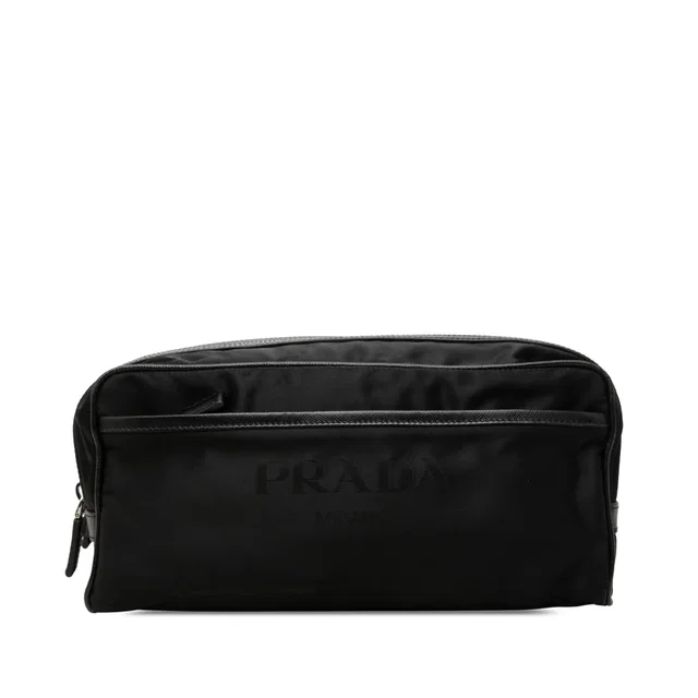 Black Prada Saffiano Trimmed Re Nylon Travel Pouch in Black Saffiano leather from Designer Revival