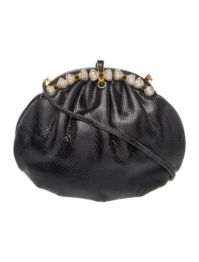 Judith Leiber Snakeskin Clutch in black Satin from The RealReal