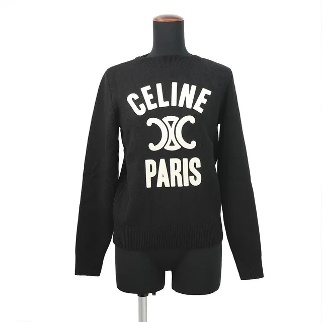 Celine Knit Triomphe Bottom Neck Sweater XS Black Off-white in Black Cashmere from The Reluxe