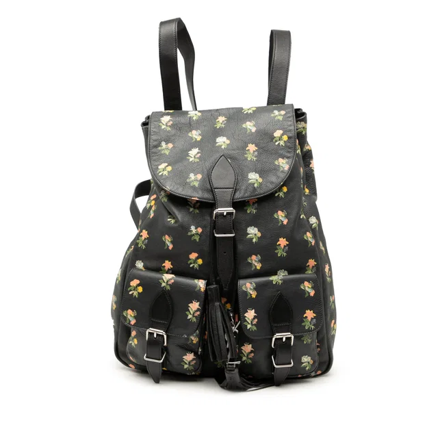 Black Saint Laurent Leather Prairie Floral Printed Festival Backpack in Black Leather from Designer Revival