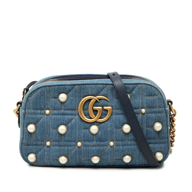 Blue Gucci Small GG Marmont Pearl Studded Denim Crossbody in Blue Denim from Designer Revival