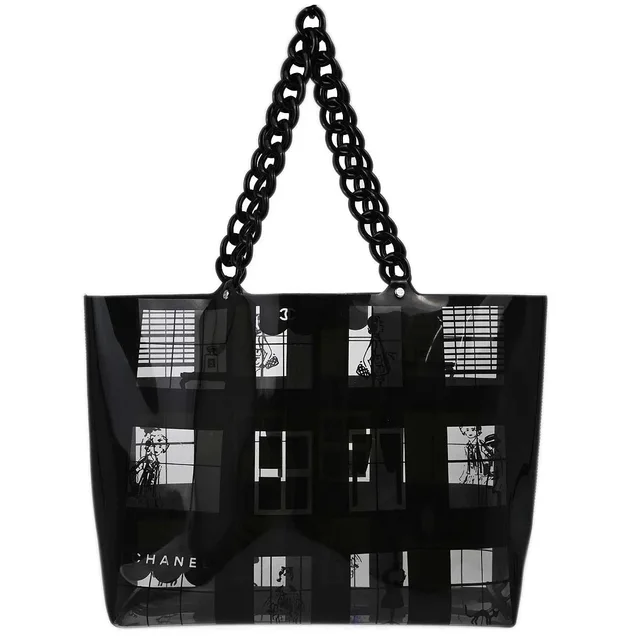 Chanel 2003-2004 Black Vinyl Window Tote Handbag in Black Resin from AMORE Vintage Tokyo