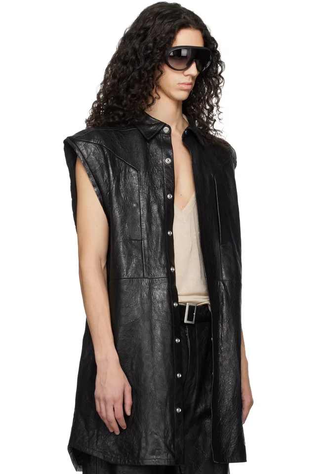 Rick Owens Black Temple Jumbo Outshirt Leather Vest, photo 2 of 4 from SSENSE