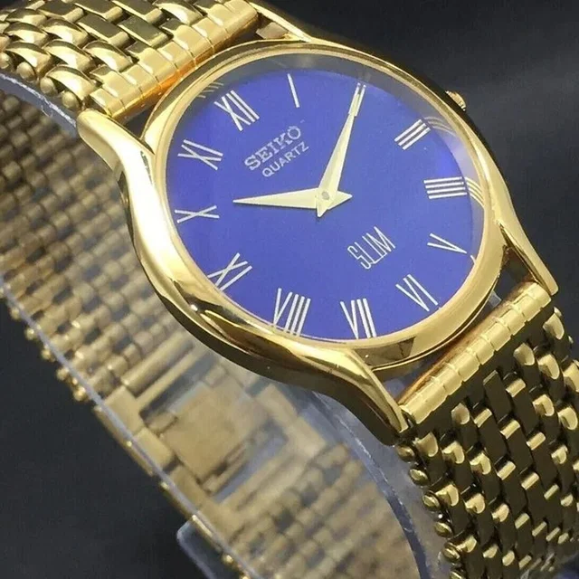 Vintage Style Seiko Quartz Mens Gold Watch & Blue Accents W/ Metal Strap in silver|gold|gray from Poshmark