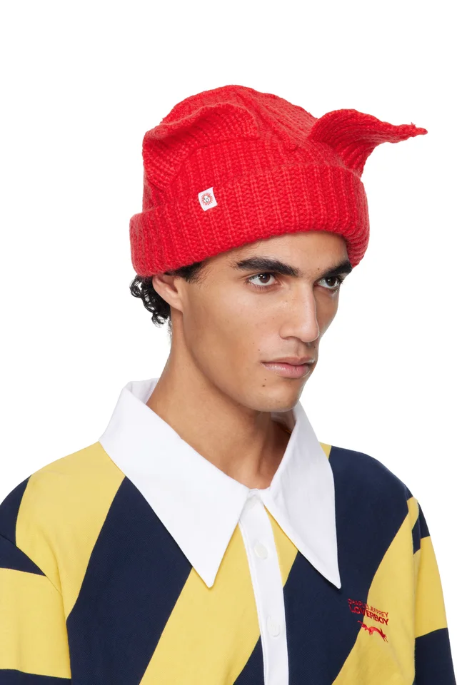 Charles Jeffrey LOVERBOY Red Mohair Chunky Ears Beanie, photo 2 of 3 from SSENSE