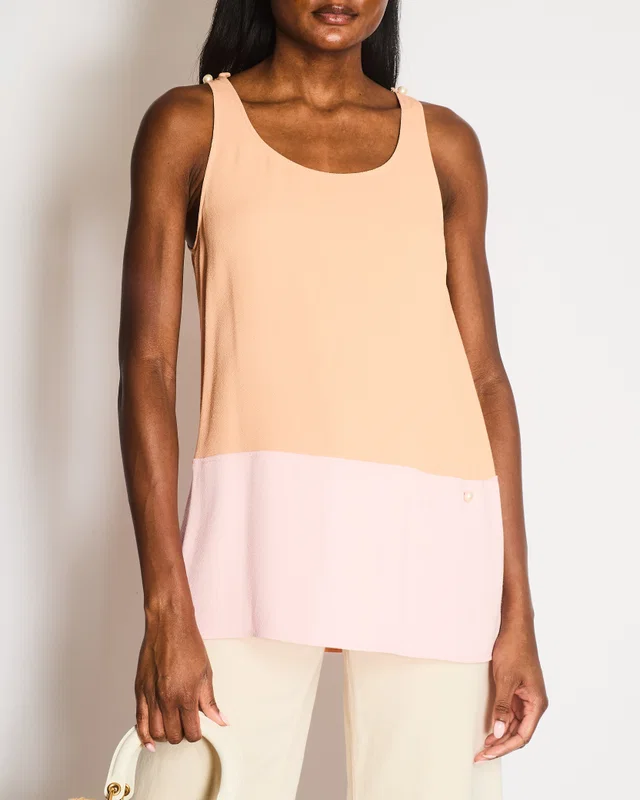 Chanel 14P Pastel Orange and Pink Sleeveless Top with White CC Logo Pearl Details Size FR 36 (UK 8) in White from Sellier