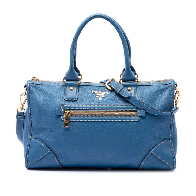 Blue Prada Vitello Daino Zip Top Satchel in Blue Leather from Designer Revival