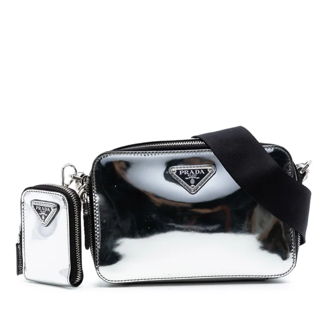 Silver Prada Small Spazzolato Brique Crossbody in Silver Patent leather from Designer Revival