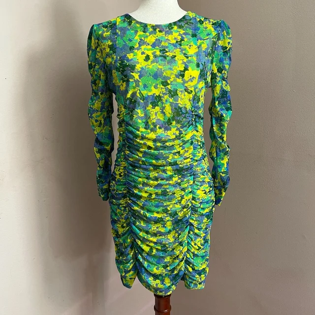 GANNI Ruched Floral Mini Dress Green Yellow Puff Sleeve Scandi Size Eu 40 Us 8 in green from Poshmark