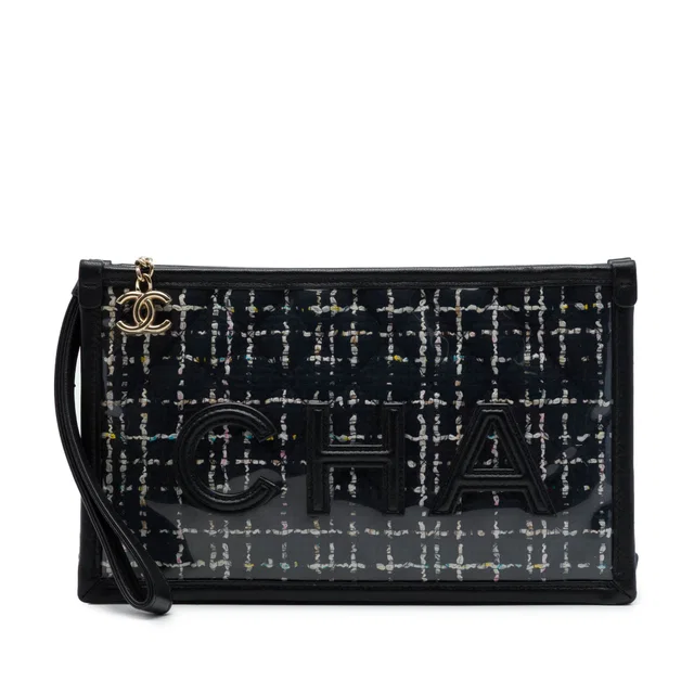 Black Chanel Large Quilted Tweed PVC Logo Wristlet Clutch in Black Tweed from Designer Revival