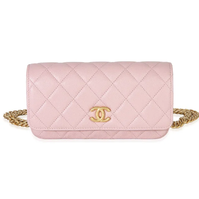 Chanel Light Pink Quilted Caviar Sweetheart Phone Holder With Chain Handbag Leather in Pink Caviar leather from HEWI