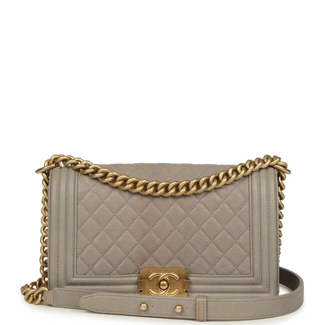 Chanel Medium Boy Bag Taupe Caviar Antique Gold Hardware in Taupe Caviar leather from Madison Avenue Couture