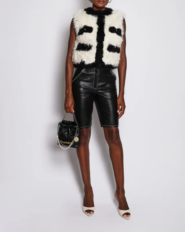 Chanel 22/K Cream and Black Cropped Shearling Gilet Size FR 36 (UK 8) in Black Silk from Sellier