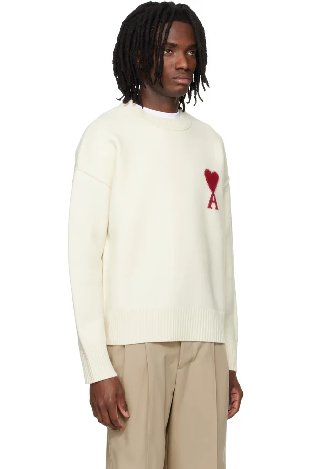 AMI Paris Off-White Wool Contrasted Ami de Coeur Crewneck Sweater, photo 2 of 4 from SSENSE