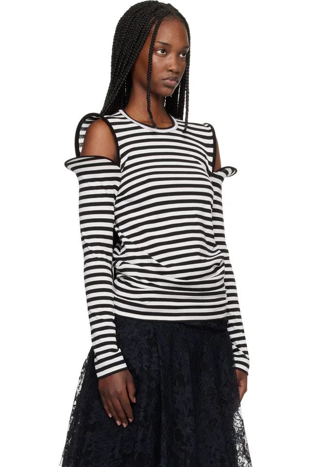 Junya Watanabe Black & White Stripe Jersey T-shirt, photo 2 of 4 from SSENSE